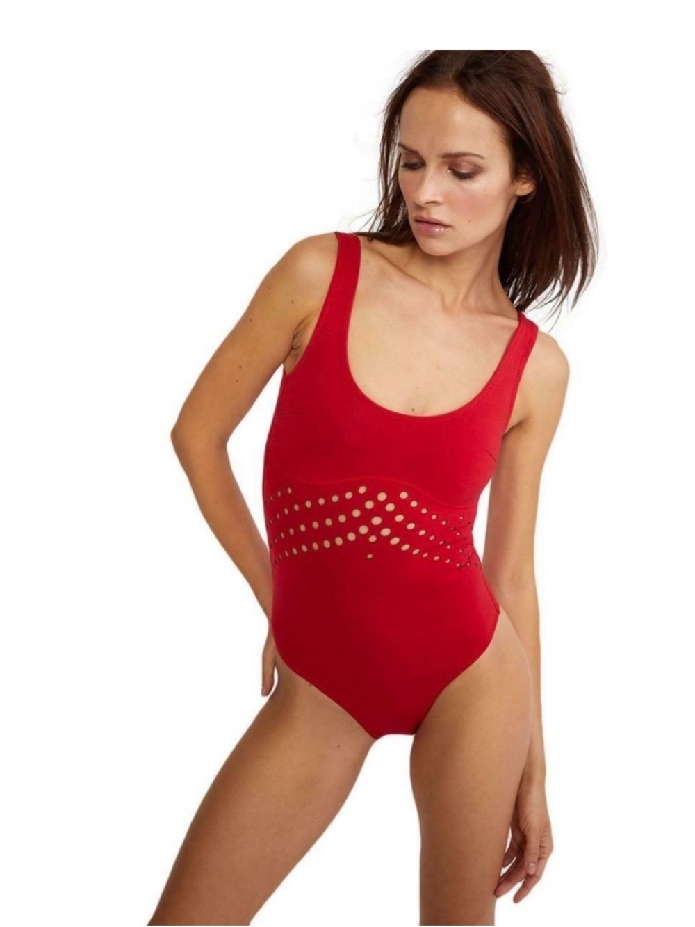 CYNTHIA ROWLEY RED SCUBA PERFORATED 1 PC SWIMWEAR XS  A59